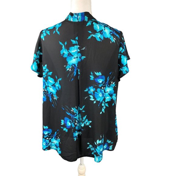 Torrid Black and Blue Sheer Floral Tie Neck Georgette Top - Picture 5 of 9